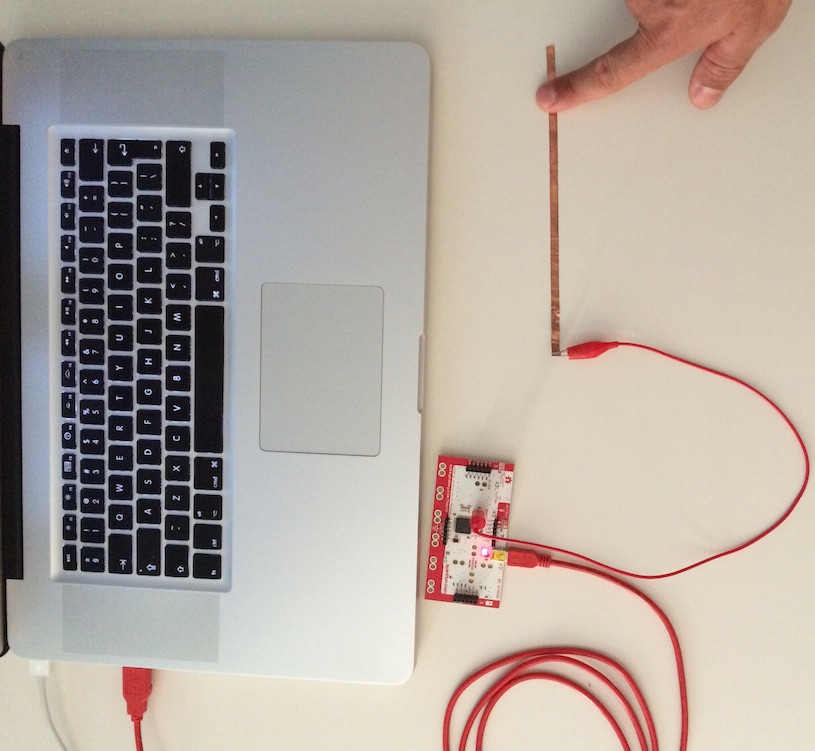 Image of the MakeyMakey input device connected to laptop. Courtesy of pibook.gr Created on September, 2015. License: Attribution-NonCommercial-ShareAlike 2.0