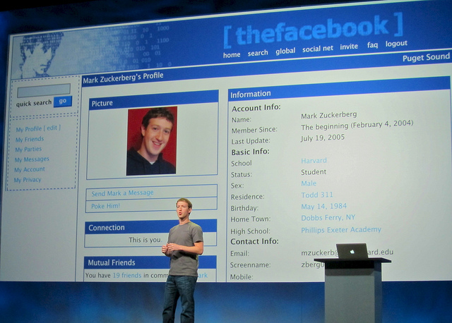 Mark Zuckerberg in front of his original Facebook profile. Via flickr.com. Uploaded by Niall Kennedy on September 22, 2011. License: Attribution-NonCommercial 2.0 Generic (CC BY-NC 2.0)