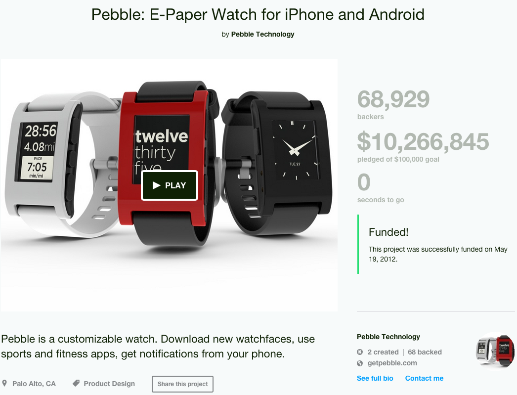 Screenshot of Pebble watch kickstarter success. Courtesy pibook.gr 