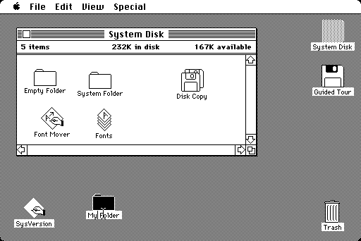 Screenshot of Original 1984 Macintosh desktop. Courtesy of Wikipedia.org. Uploaded by Tene as Image:Apple_Macintosh_Desktop.png. Copyright by Microsoft. Link: https://en.wikipedia.org/wiki/File:Apple_Macintosh_Desktop.png
