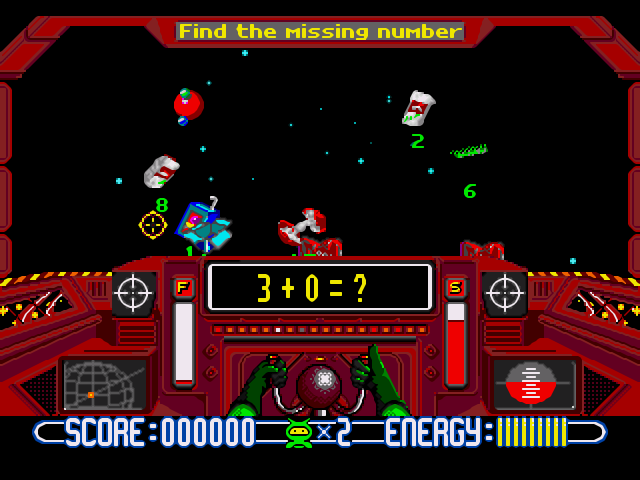 Screenshot of The Blaster Learning System. Copyright by Knowledge Adventure. Courtesy of http://gamefabrique.com/ Link: http://gamefabrique.com/storage/screenshots/genesis/math-blaster-episode-1-02.png