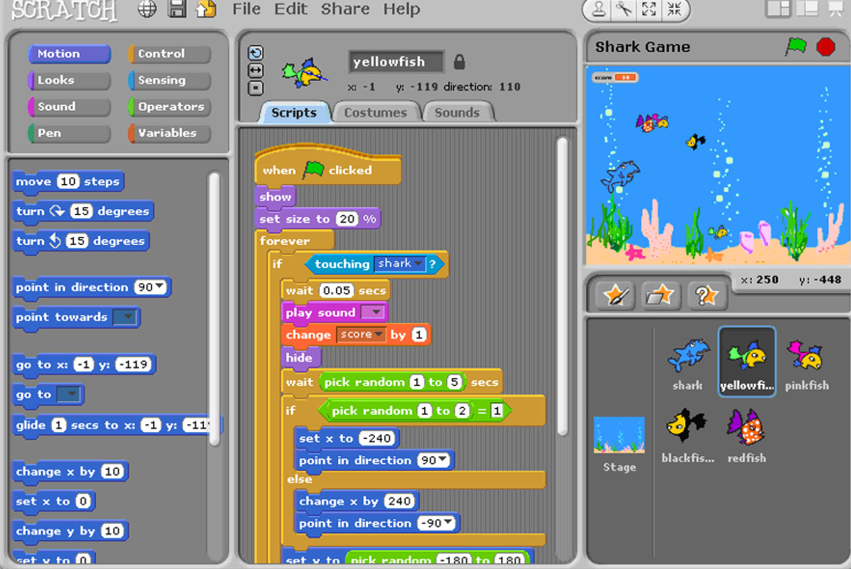 Screenshot of computer programming software called Scratch. Open Source app https://scratch.mit.edu/ , Creative Commons Attribution-ShareAlike 2.0 license.
