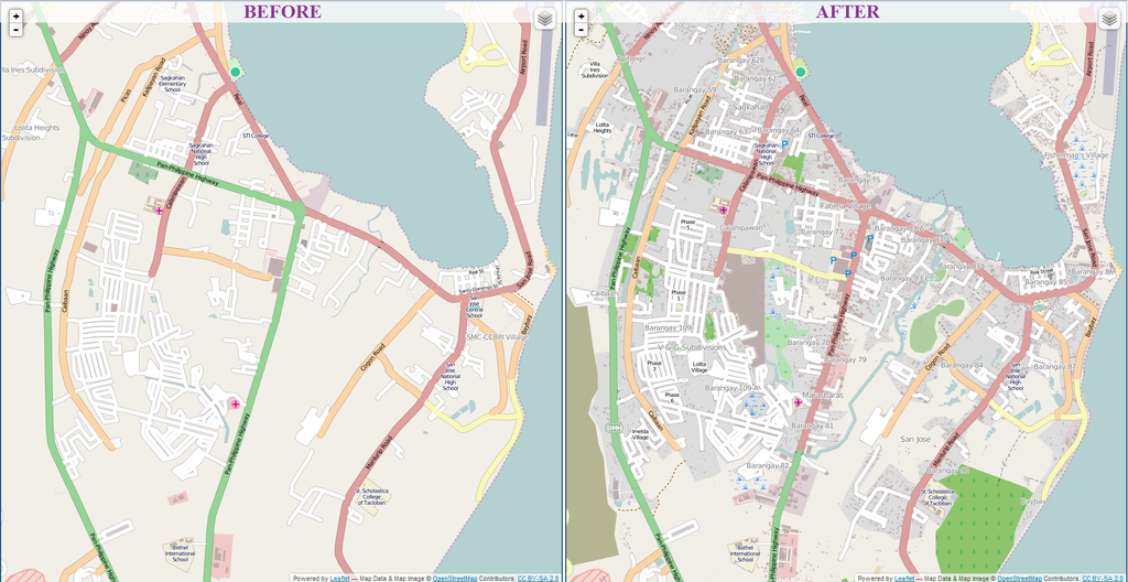 A part of the city of Tacloban before and after it was mapped by the Humanitarian OSM Team. Roads, buildings, and bodies of water were missing before volunteers added them.Author: Robert Banich - @RBanick. Screenshot published on Twitter.