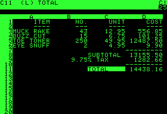 Screenshot of Visicalc running on an Apple II computer. Courtesy of apple2history.org. Uploaded by Gortu as Image:Visicalc.gif License: GNU General Public License.